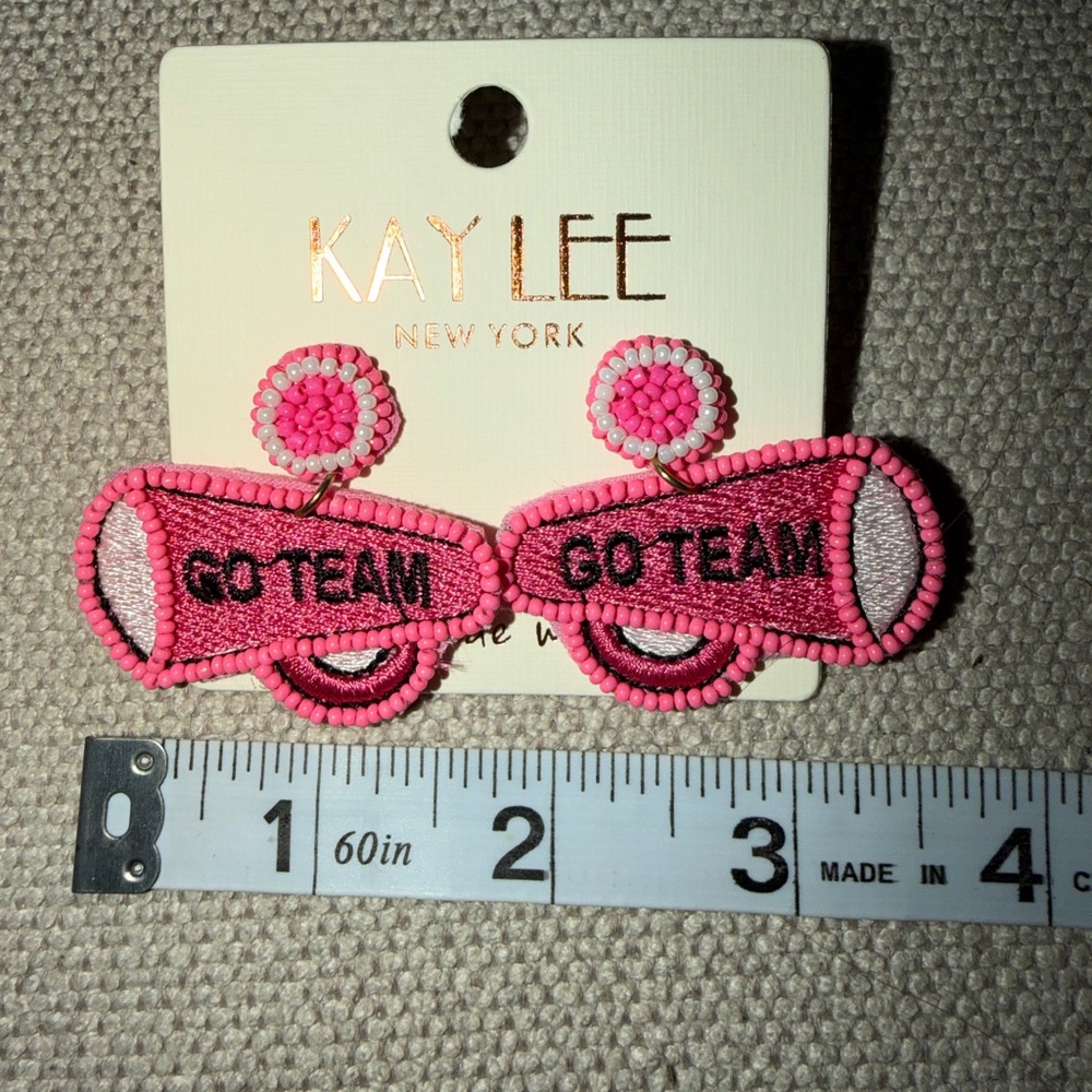 Kay Lee Pink & White Embroidered 'Go Team' Beaded CheerLeader Megaphone Earrings - Picture 3 of 3